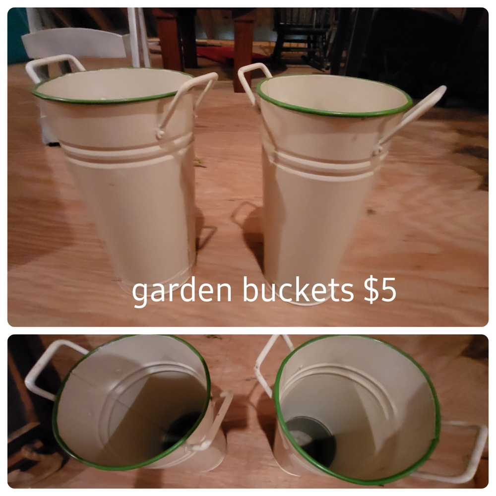Cream Metal Garden Buckets with Green Trim
